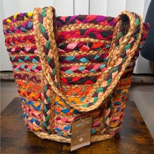 Repurposed Sari Tote Bag Hand-woven jute  repurposed sari fabric roomy tote.